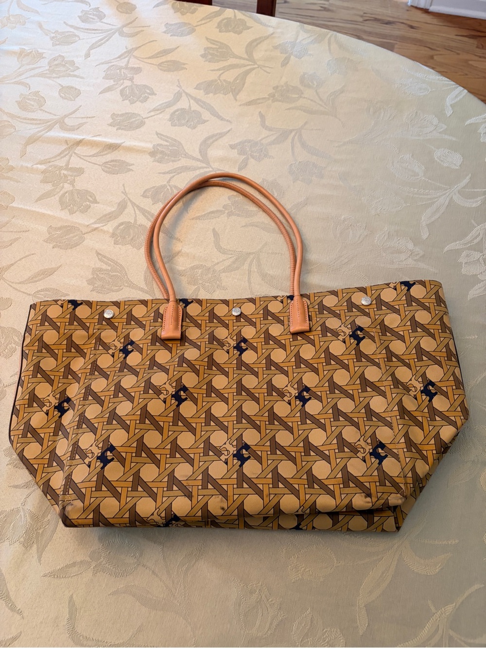 Tory Burch Tan & Navy Printed Canvas Tote